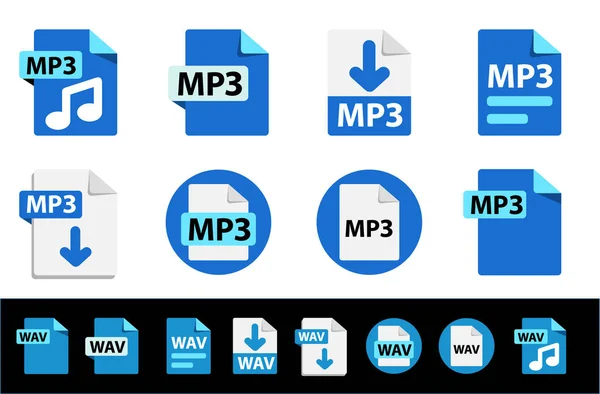 Extensión de formato de archivo icons. MP3, WAV. Colección de iconos vectoriales — Vector de stock