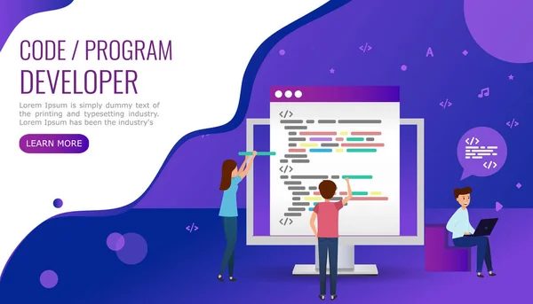 Teamet skriver kodprogrammering för webbplatsen. — Stock vektor