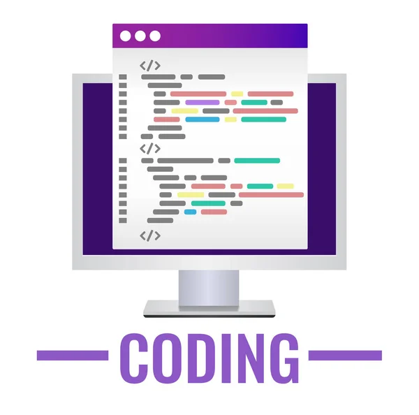Programkod ikon i platt stil. Persondator med kodsida. — Stock vektor