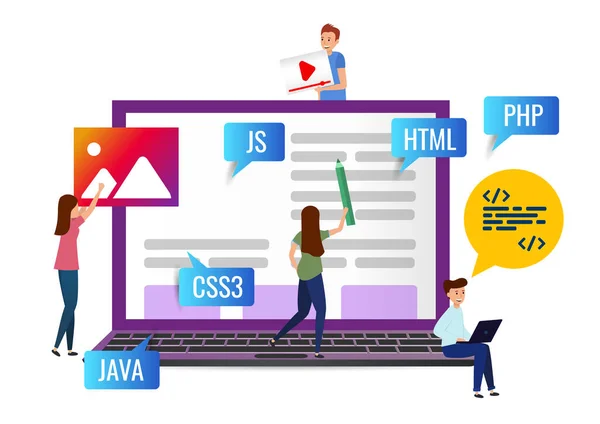 Equipo escribe programación de código para el sitio web. Ilustración vectorial aislada — Archivo Imágenes Vectoriales