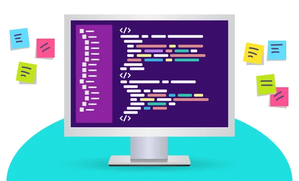 Persoonlijke computer met een code pagina op het bureaublad, rond gekleurde papieren met taken. — Stockvector