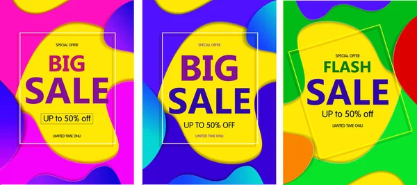 Set Bright abstract Banner sales with coloured blue, pink and red spots — Stock Vector