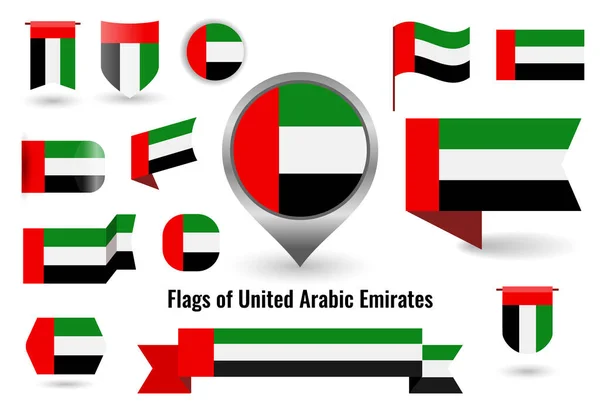 Un grand ensemble d'icônes et de signes avec le drapeau des EAU . — Image vectorielle