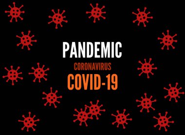 Siyah arka planda salgın koronavirüs covid 19. virüsler metnin etrafında uçar