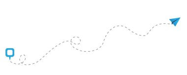 Noktalı uçuş güzergahı olan mavi kağıt uçaklar. Noktalı iz ve uçma yönü.