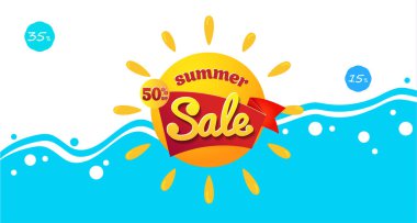 Parlak mavi bayrak yaz indirimi. Tatil ve seyahat kavramı.