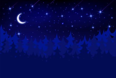 Gece ormanında parlak ve sönük yıldızlı gökyüzü.
