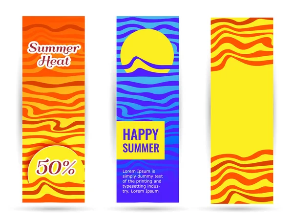 Blaues Meer und strahlend gelbe Sonne. Sommerhitze und fröhlicher Sommer. — Stockvektor