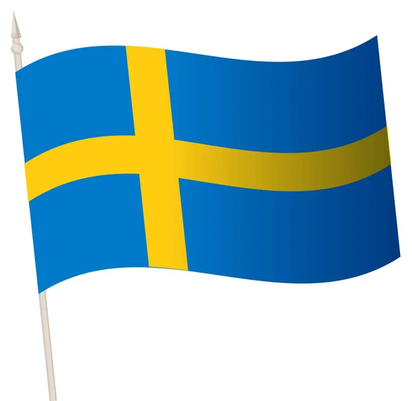 Bayrak direğinde vektör sallama bayrağı. İsveç ulusal bayrağı. — Stok Vektör