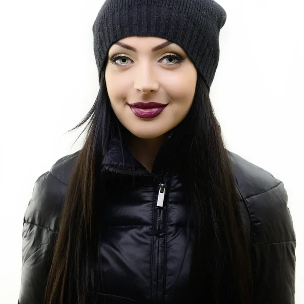 Bella Moda Ragazza Cappello Nero Giacca — Foto Stock