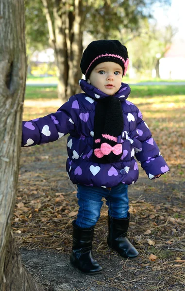 Roztomilá dívka hraje na podzim park — Stock fotografie