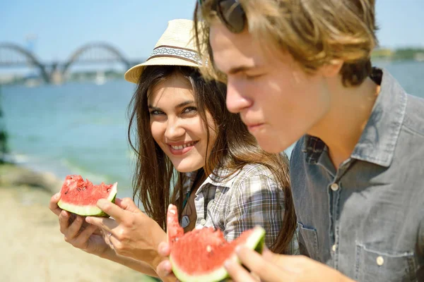 Happy friends with watermelon — Stock Photo, Image