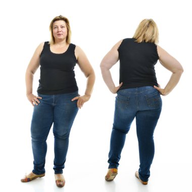 Overweight young woman wearing sportwear, full length portrait. Front and back view, over white background. clipart
