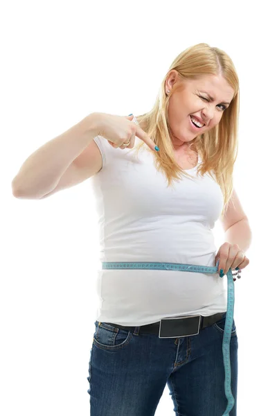 Overweight Unhappy Young Woman Measuring Her Belly White Background — Stock Photo, Image