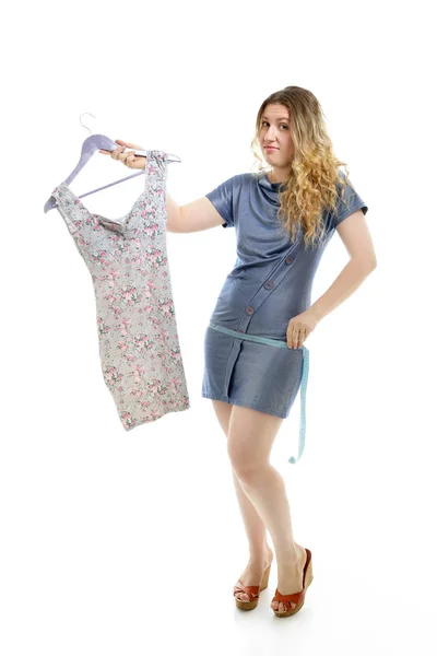 Overweight Young Woman Measuring Tape Dress White Background — 스톡 사진