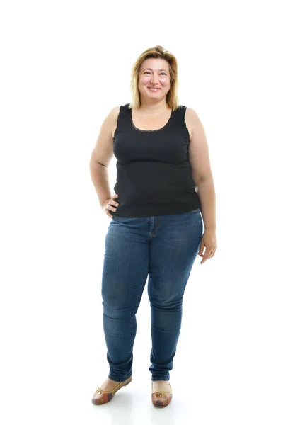 Overgewicht Jonge Vrouw Draagt Sportschoenen Witte Achtergrond — Stockfoto