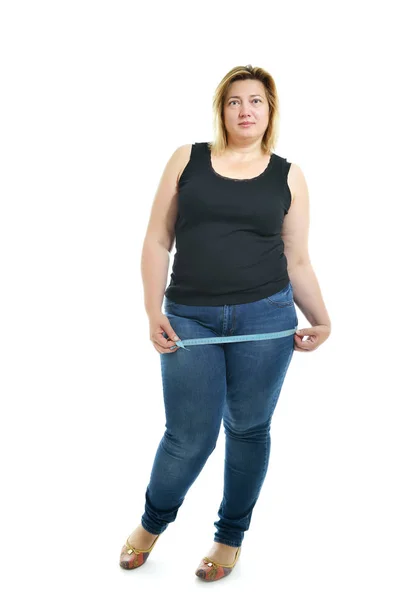 Sovrappeso Infelice Giovane Donna Misurare Pancia Sfondo Bianco — Foto Stock