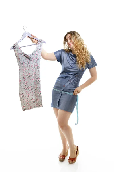 Overweight Young Woman Measuring Tape Dress White Background — 스톡 사진