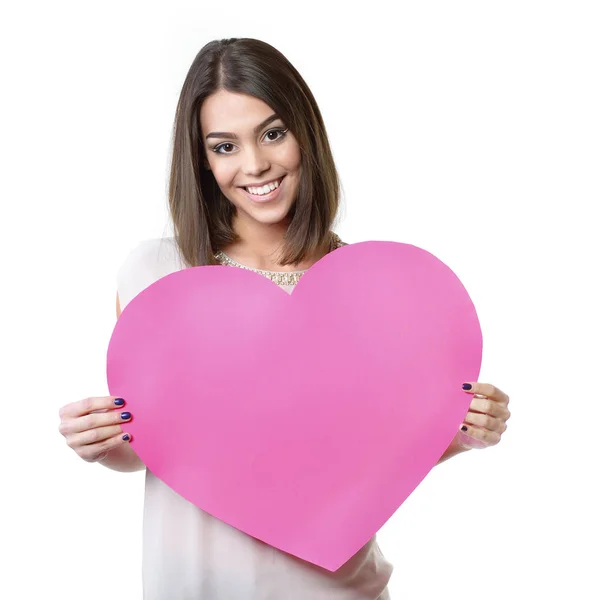Kvinna med rosa hjärta — Stockfoto