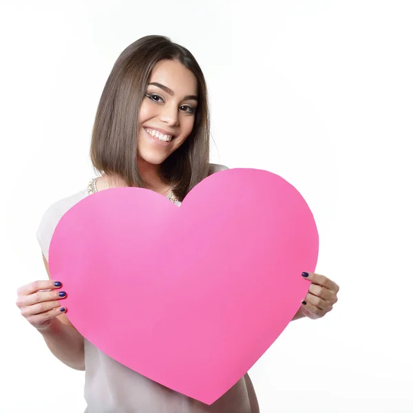 Mulher com coração rosa — Fotografia de Stock