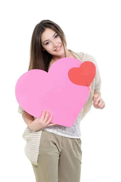 Woman with pink heart — Stock Photo, Image
