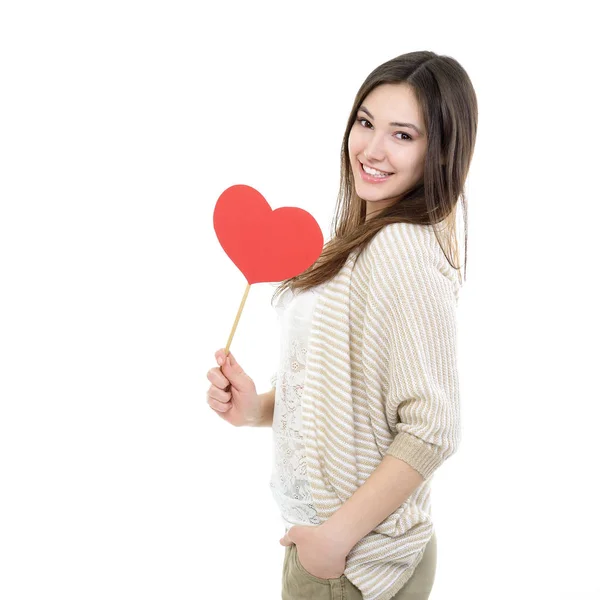 Portrait of woman with red heart — Stock Photo, Image