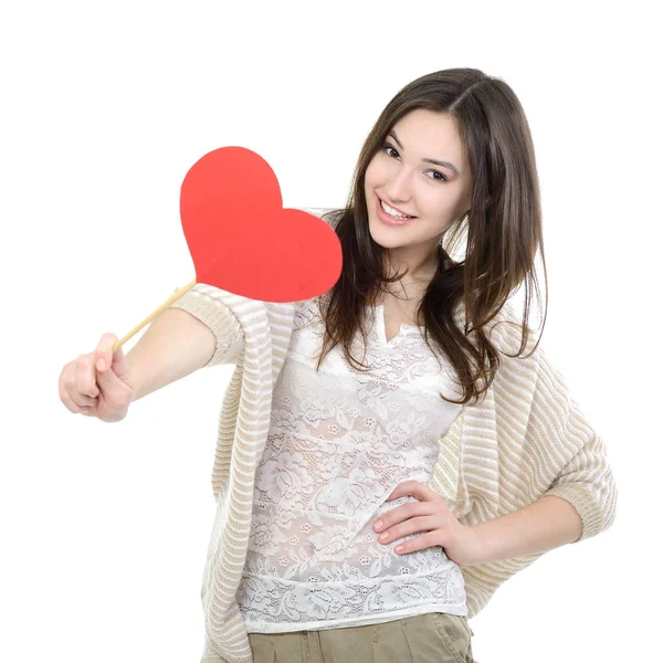 Retrato de mujer con corazón rojo —  Fotos de Stock