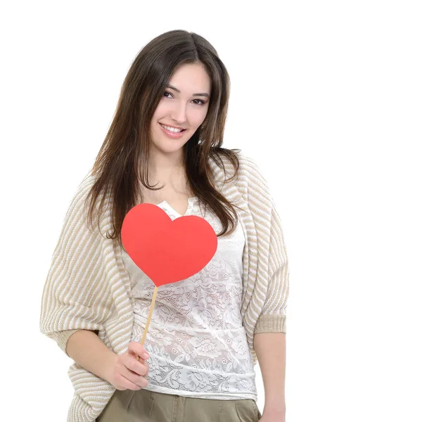 Mujer joven con corazón rojo — Foto de Stock