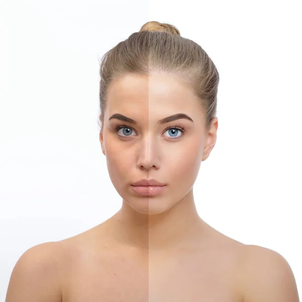 Mulher antes e depois do retoque — Fotografia de Stock
