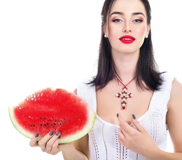 Vrouw bedrijf watermeloen — Stockfoto