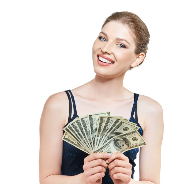 Mujer feliz sosteniendo dinero — Foto de Stock