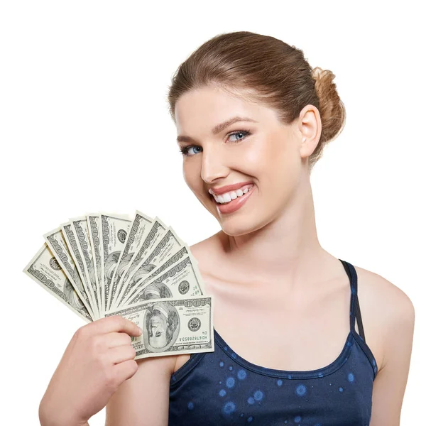 Mulher segurando dinheiro em dinheiro — Fotografia de Stock