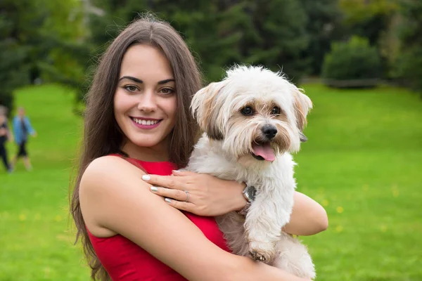 Rapariga com cachorrinho. Retrato de mulher jovem sorridente feliz atraente — Fotografia de Stock