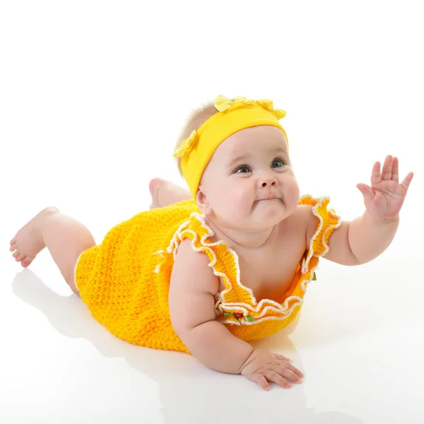 Adorable baby girl reaching for something, studio short over whi — Stock Photo, Image