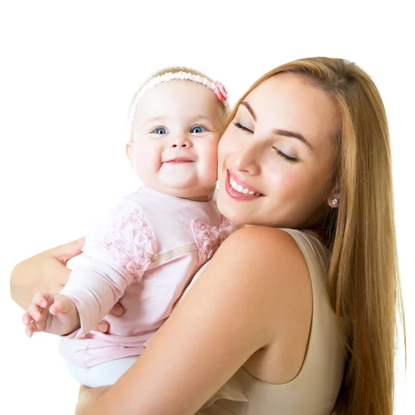 Jonge moeder met haar baby dochter blij brede glimlach, studio portra — Stockfoto