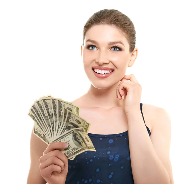 Jovem mulher feliz segurando dinheiro em dinheiro dólares feliz sorrindo e l — Fotografia de Stock