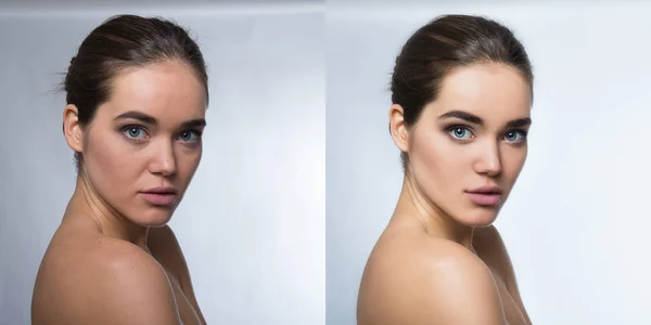Retouch - face of beautiful young woman before and after retouch — Stock Photo, Image