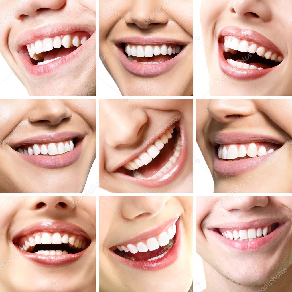 Beautiful smiles set. Perfect wide smiles of young fresh women and men with great healthy white teeth, isolated over white background. Dental care, whitening, stomatology, restoration of teeth, prosthetics, oral hygiene concept. Smiley faces details.