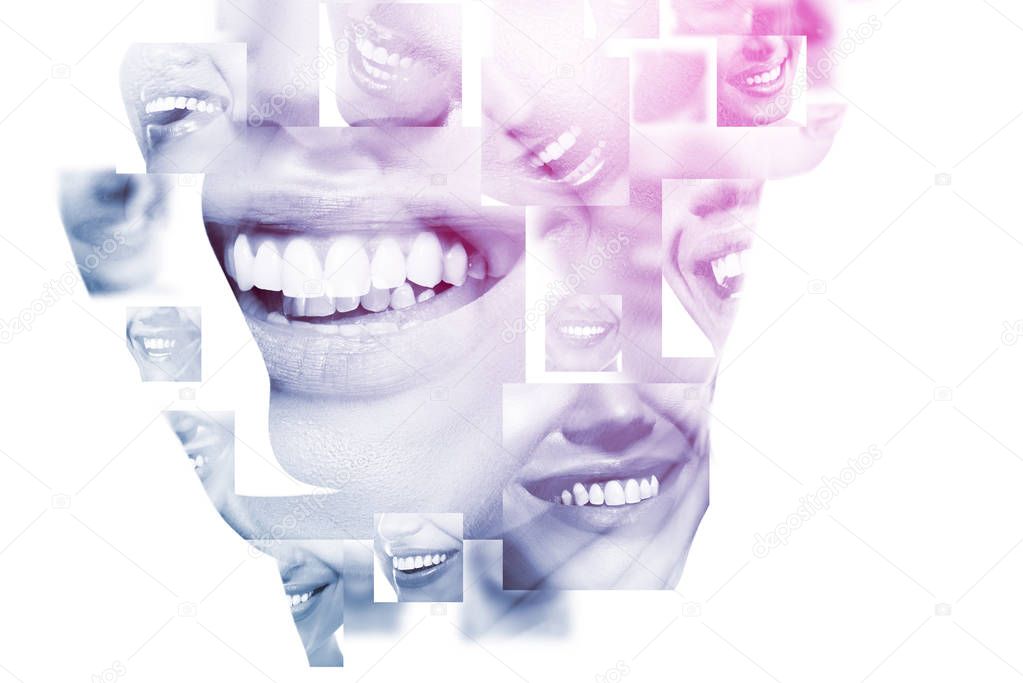 Double exposure of laughing people with great teeth and female f