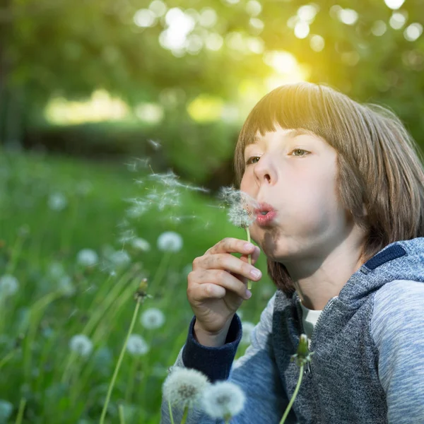 Ragazzo che soffia dente di leone su erba verde blured, natura estiva fuori — Foto Stock