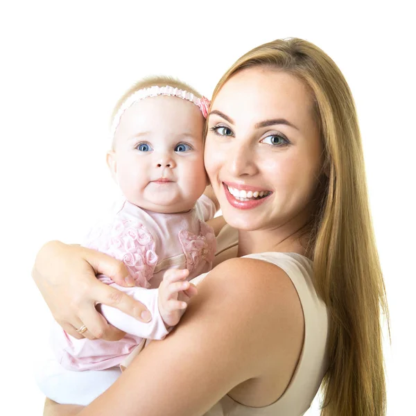 Jonge moeder met haar baby dochter blij brede glimlach, studio portra — Stockfoto