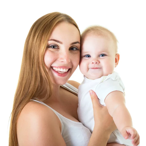 Jovem mãe com sua filha bebê feliz sorrindo, estúdio portra — Fotografia de Stock