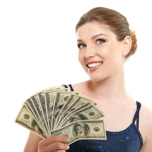 Nakit para dolar mutlu gülümseyerek ve l tutan genç mutlu kadın — Stok fotoğraf