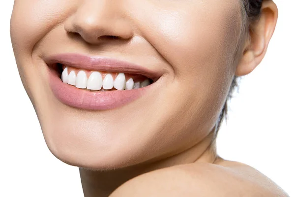 Laughing woman mouth with great teeth over white background. Hea — Stock Photo, Image