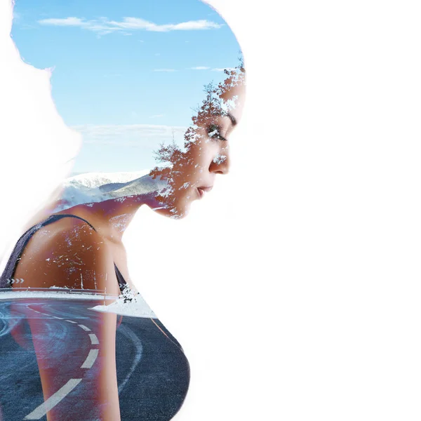 Double exposure beauty portrait of young mulatto woman in profil — Stock Photo, Image