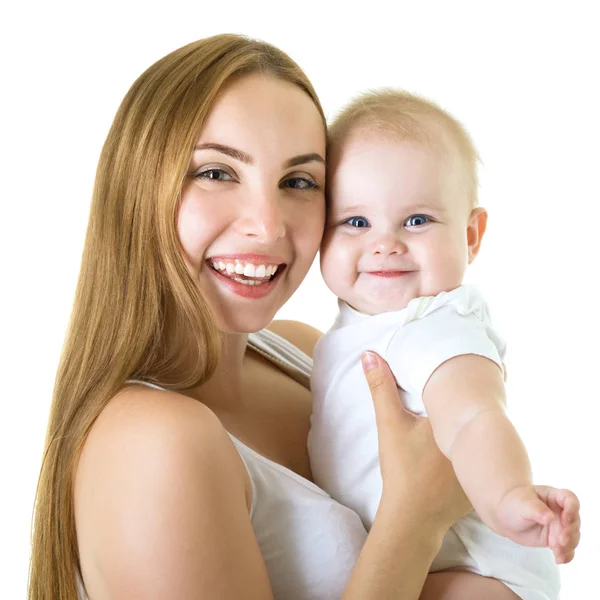 Jonge moeder met haar baby dochter blij brede glimlach, studio portra — Stockfoto