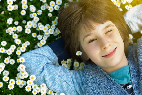 Красивый счастливый улыбающийся мальчик лежит на летнем лугу — стоковое фото