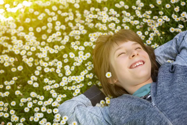 Knappe gelukkig lachend jongen liggen op zomer weide — Stockfoto