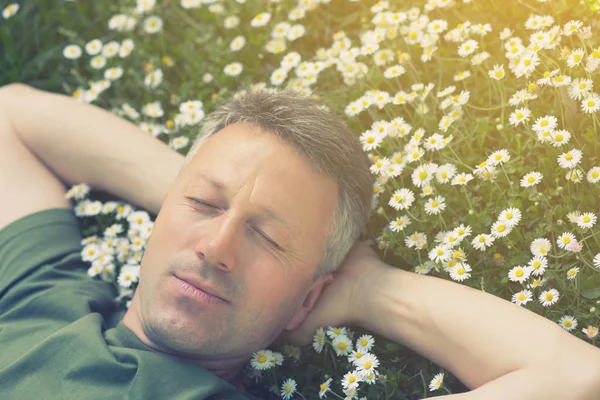 Schöner glücklicher lächelnder Mann mittleren Alters liegt auf der Sommerwiese gr — Stockfoto