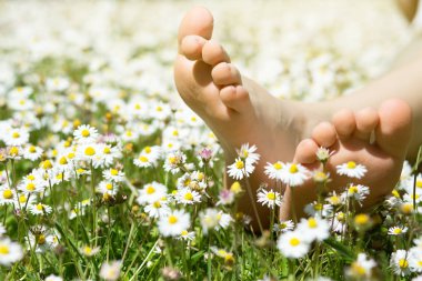 Daisy closeup ayaklarda çocuğun görüntüleyin. Ayakkabısız çocuk. Küçük çocuk düşünüyorsun